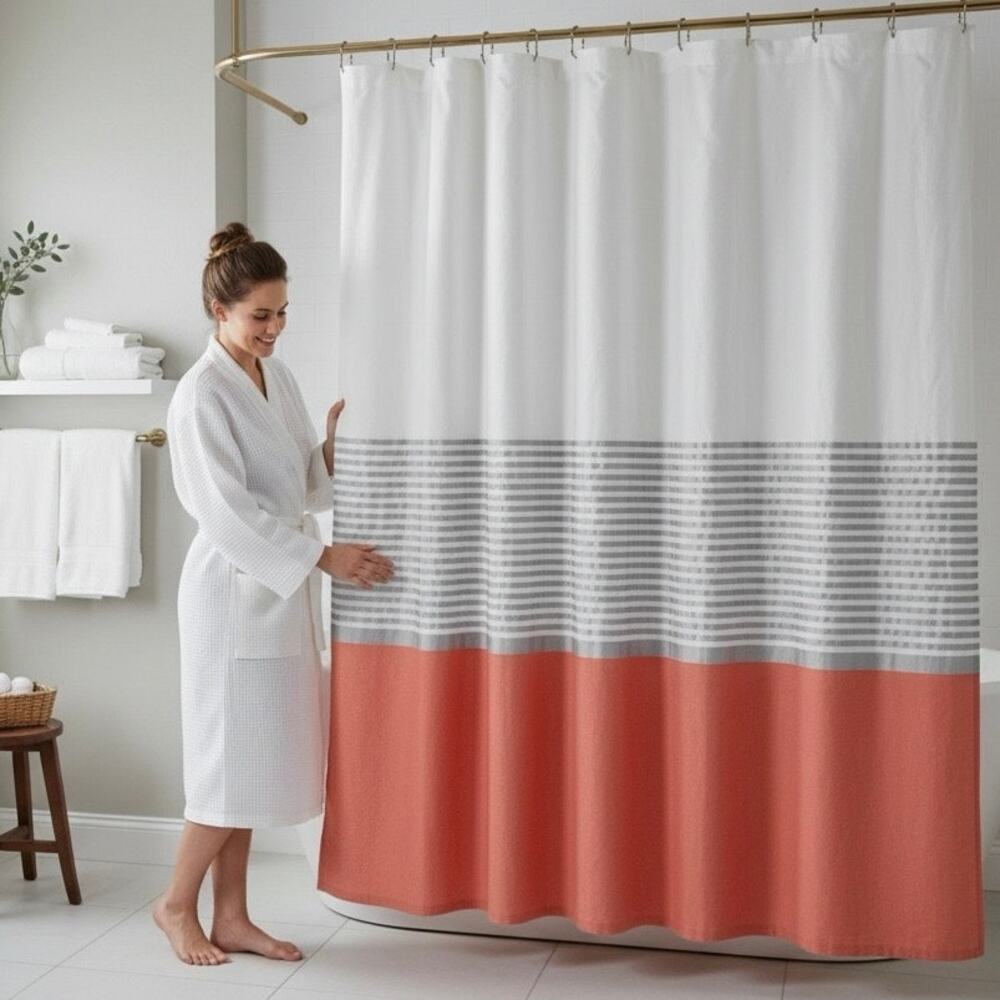 Caro Home Cotton-Blend Stripe and Colorblock Peach White Gray Shower Curtain